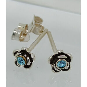 Vintage Estate Jewelry NOS .925 Sterling Silver Sky Blue Rose Crystal Earrings